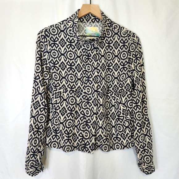 Cali 1850 Women's Linen Blend Jacket Size M Navy Tan Ikat Roll Tab Sleeve Spring - Picture 1 of 10